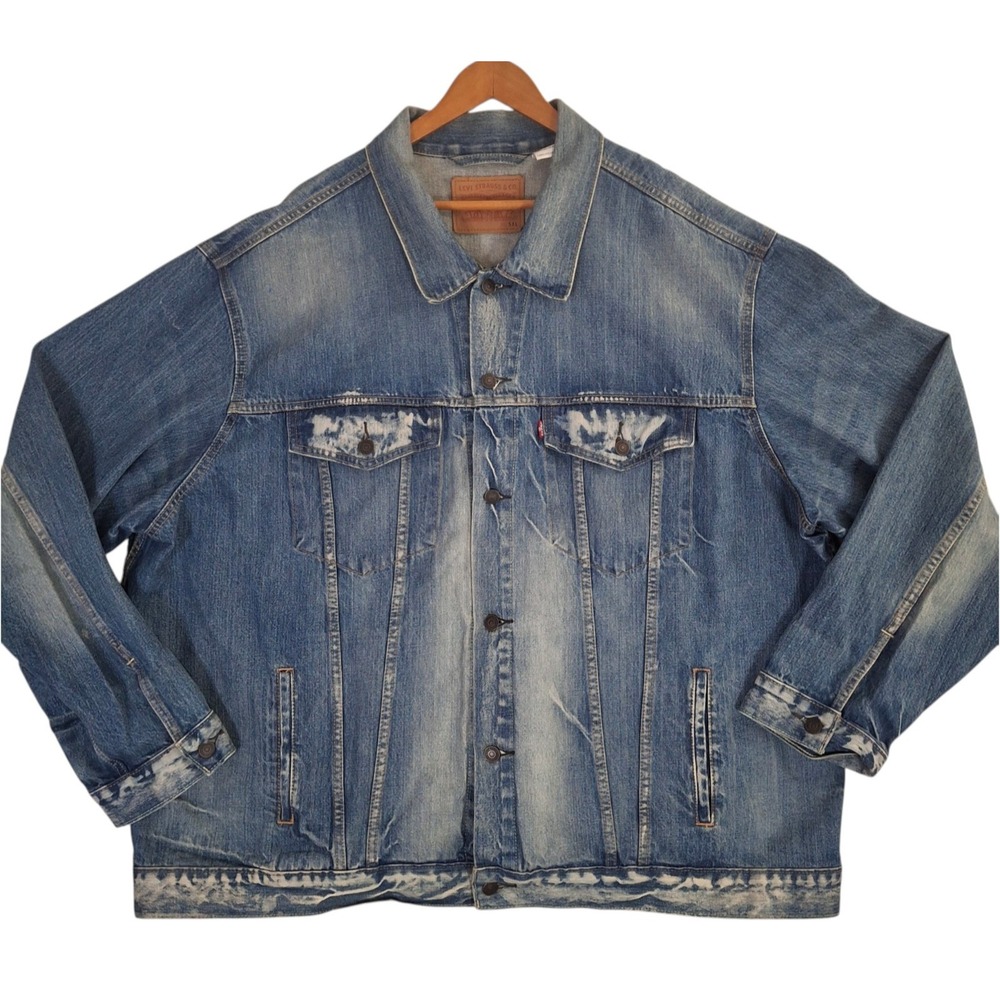 Levis Mens Trucker Jacket 5XL Blue Denim Distressed Button Front 07158-0010